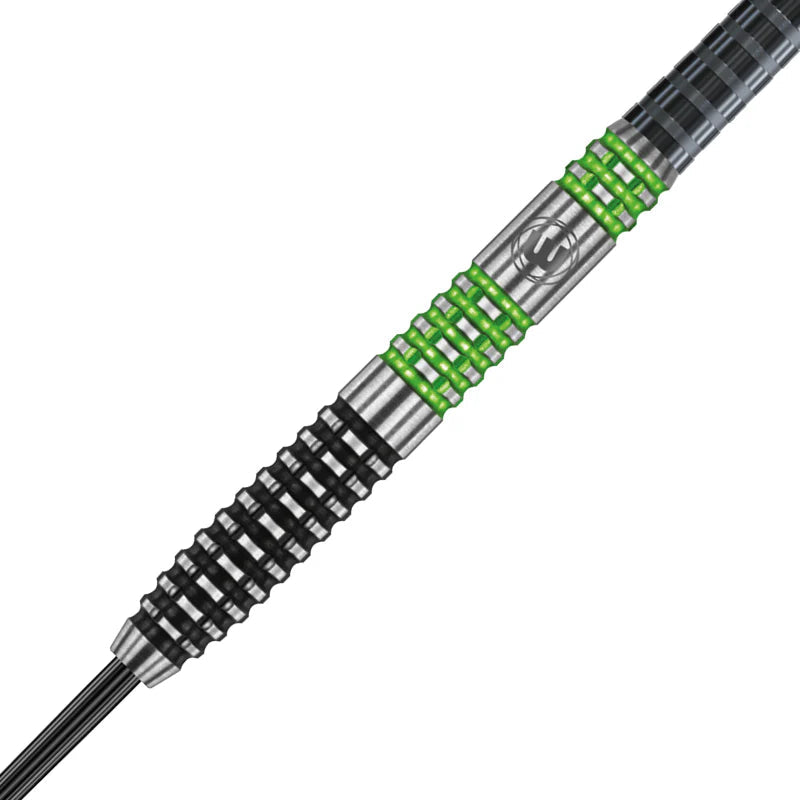 Close-up of tungsten dart barrel with precision ring grip, green highlights, and engraved detail, isolated on white background
