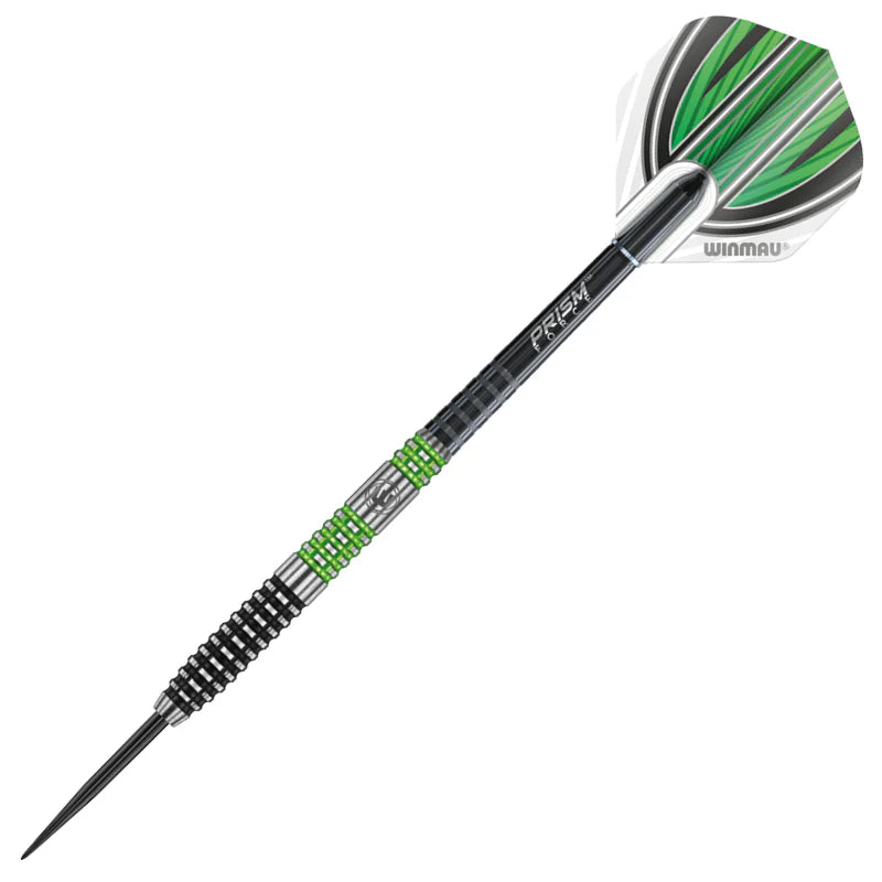 Angled full view of tungsten dart with precision ringed grip, green accents, and patterned flight, isolated on white background