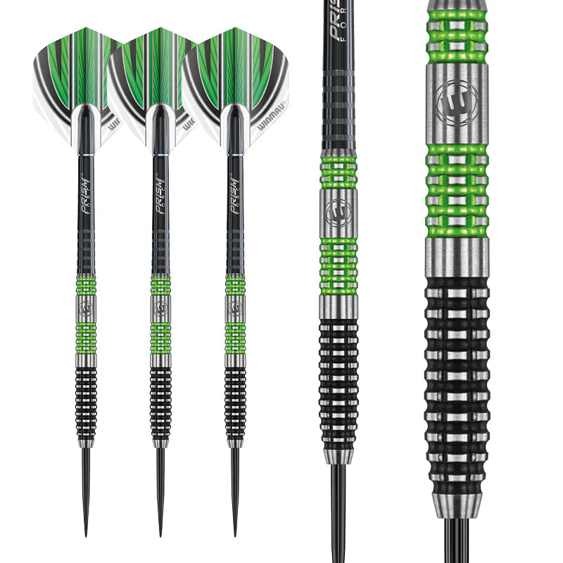 90 percent tungsten darts set with black and green grooved barrel grip, enlarged close-up highlighting precision ringed texture