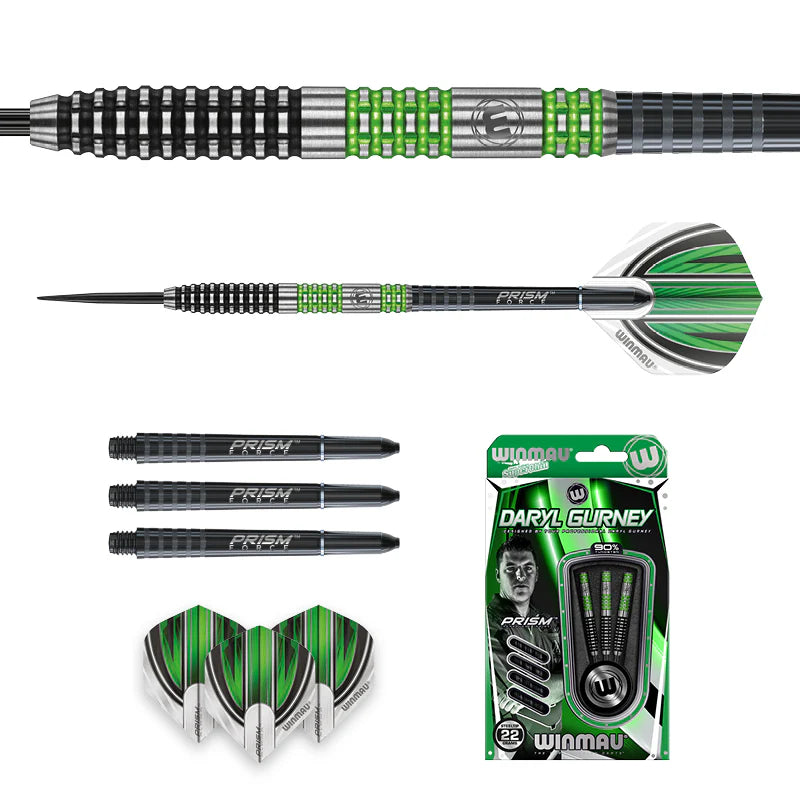 Daryl Gurney SE 90% tungsten darts set flat lay showing full dart, close-up grip texture, extra shafts, flights, and retail packaging