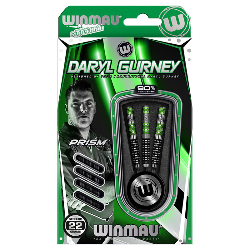 Three 90% tungsten steel tip darts with black and green grips in retail packaging, includes spare flights, ideal for dart players.
