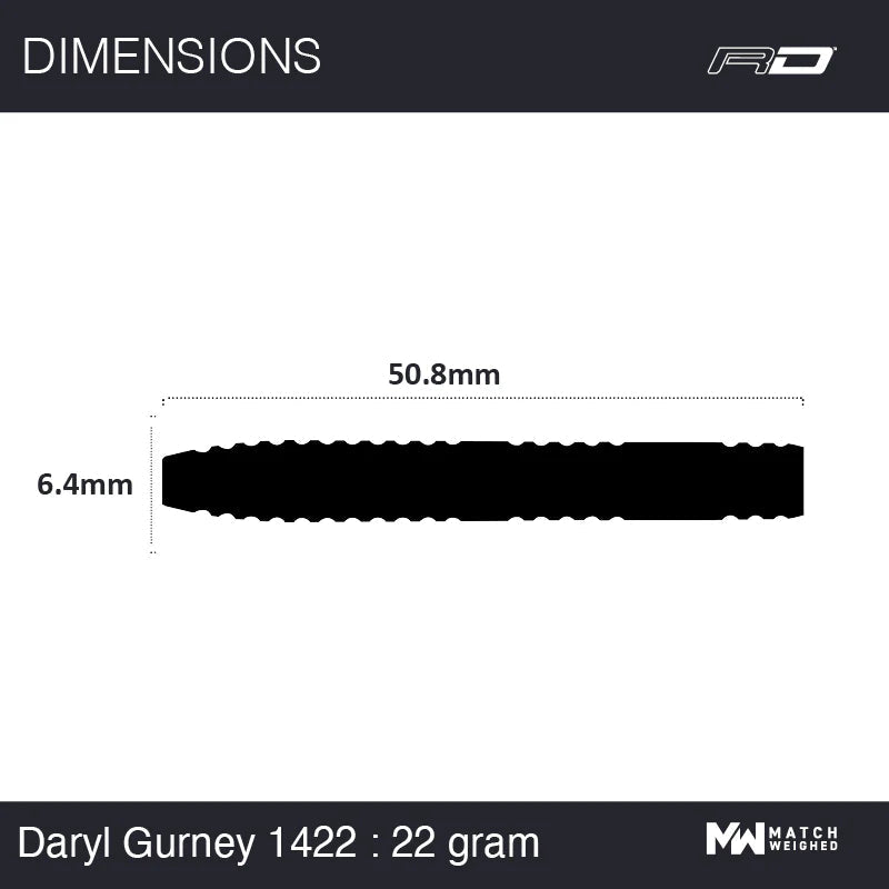 Dart barrel dimensions diagram, top-down view, showing 50.8mm length and 6.4mm diameter for 22g tungsten darts, ideal for buyers comparing sizes