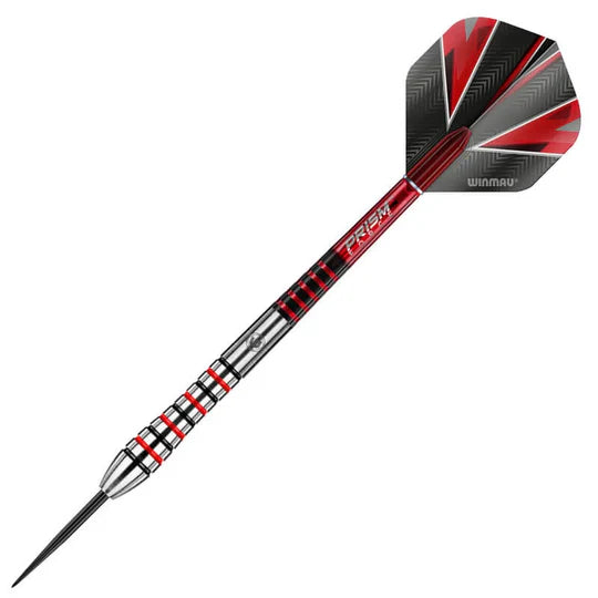 Angled full view of 90% tungsten dart with black and red barrel rings, precision steel tip, and patterned flights on white background