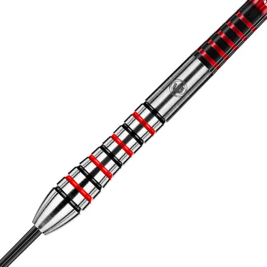 close-up angled view of 90% tungsten dart barrel with red and black ringed grip, engraved logo detail, isolated on white