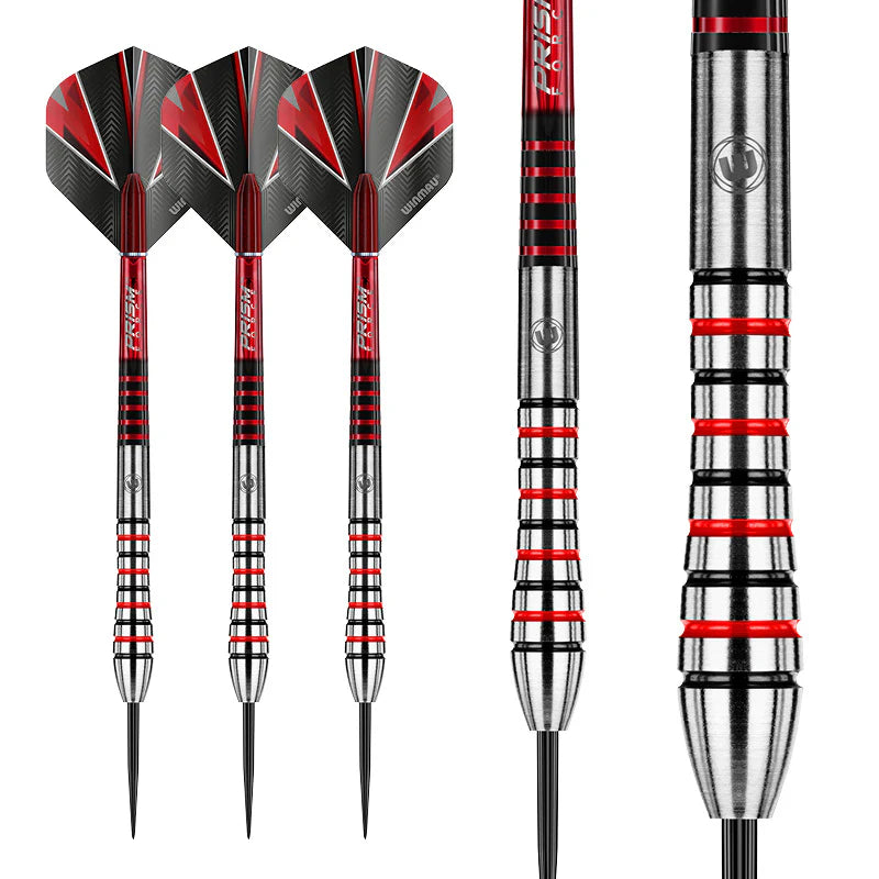 Full set of three 90% tungsten darts with red and black grip rings, close-up showing detailed barrel texture and precision knurling