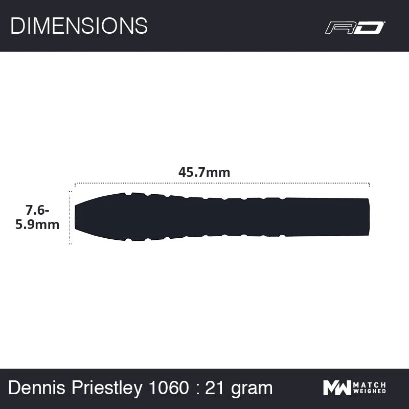 Dart barrel technical diagram showing 45.7mm length and 7.6-5.9mm diameter, ideal for buyers seeking precise darts specifications