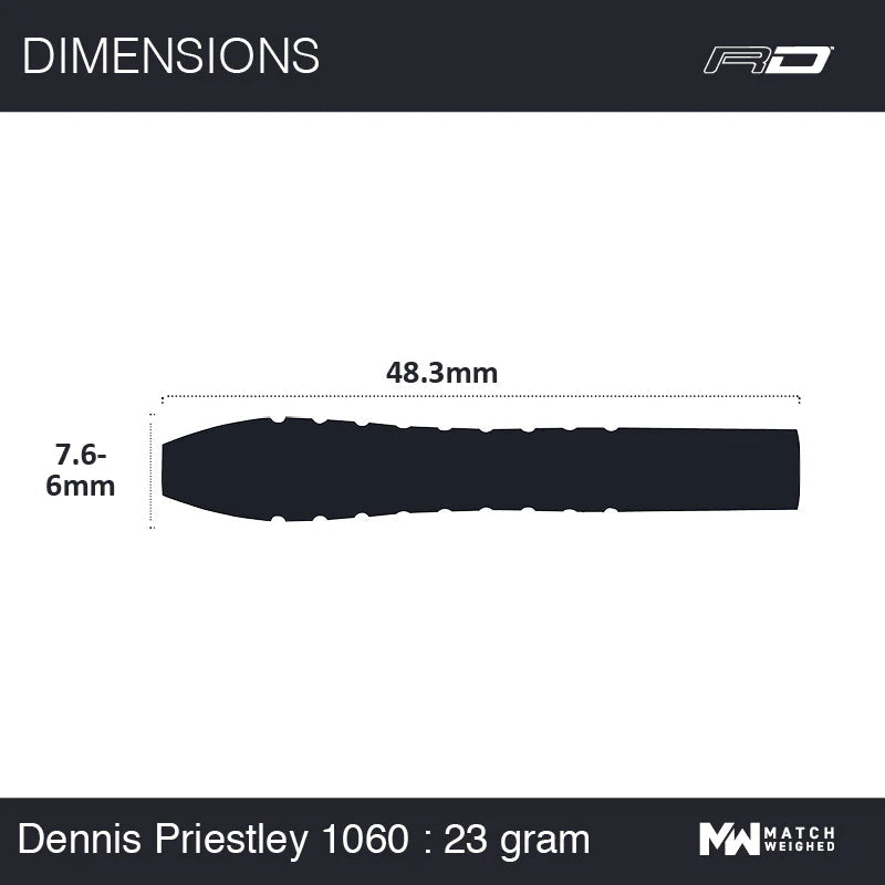 Dart barrel side view with dimensions, 48.3mm length and 7.6-6mm diameter, technical spec for tungsten darts