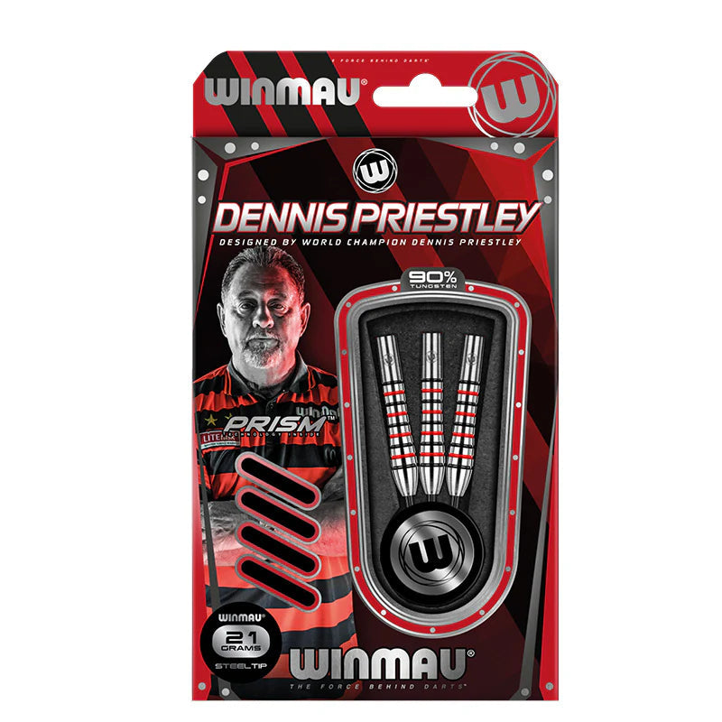 Steel tip 90% tungsten darts set in retail packaging with three barrels, red and silver grip rings, 21 grams weight displayed.