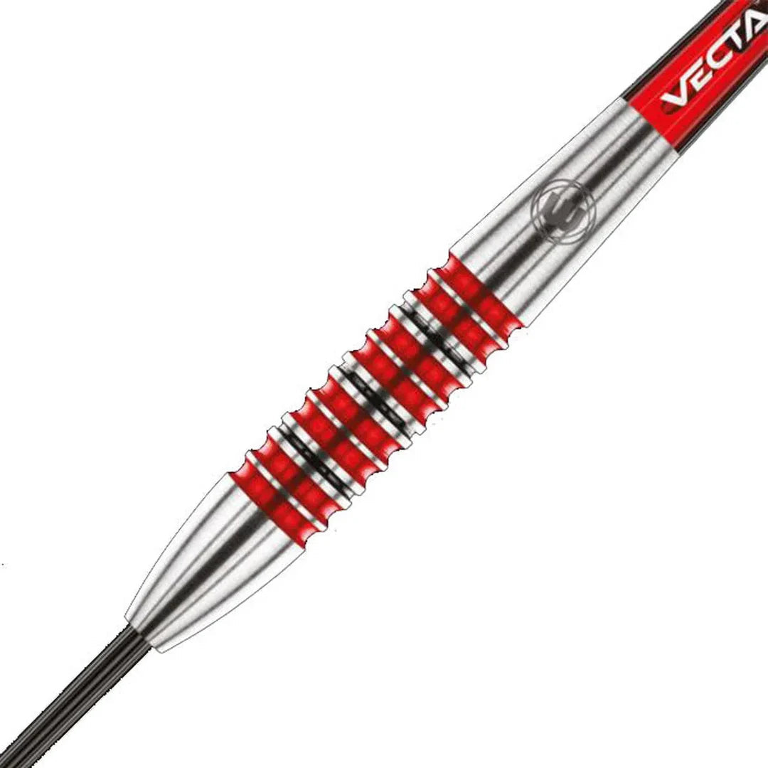 Close-up of tungsten dart barrel with red ringed grip texture, highlighting detailed knurling and sleek silver finish