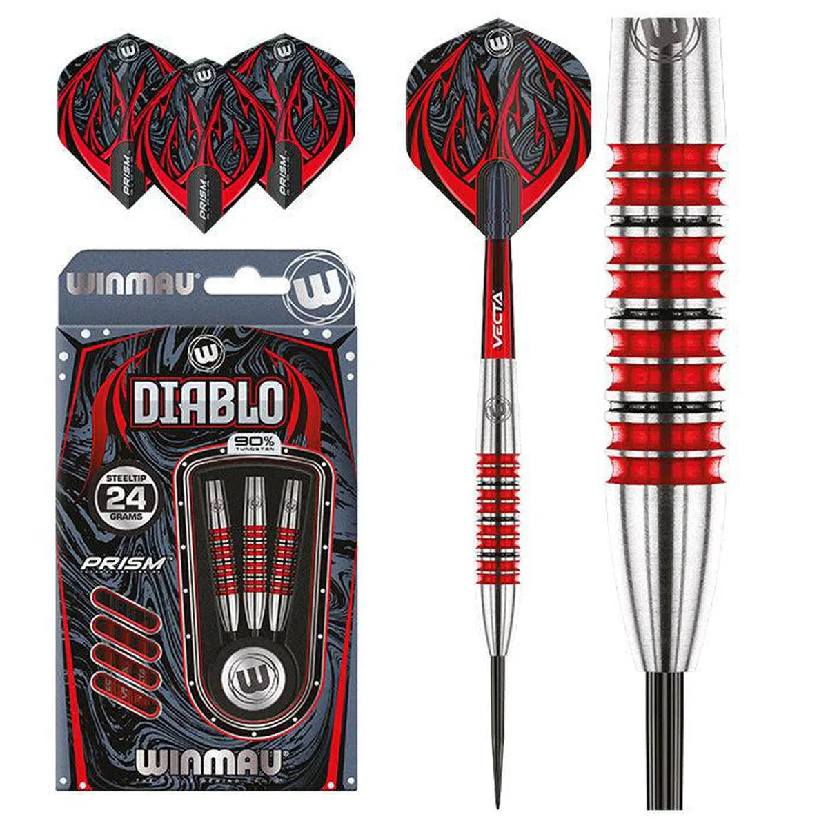 Steel tip tungsten darts set with close-up grip texture, red and black flights, packaging, and extra flights on white background