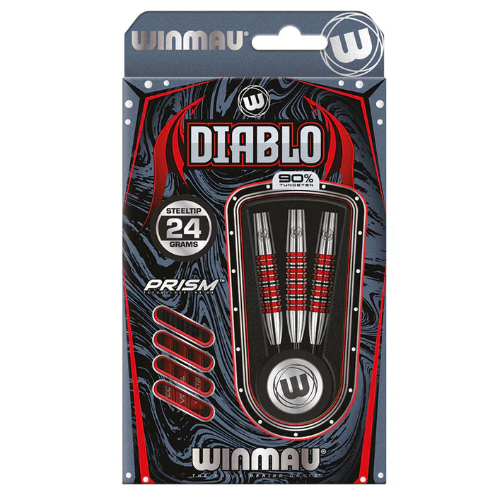 Steel tip tungsten darts set in retail packaging with grip detail and accessories, 24g, full front product view