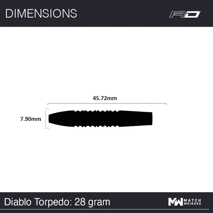 Side view of Diablo Torpedo dart barrel silhouette with dimensions 45.72mm length and 7.90mm diameter, 28 gram weight