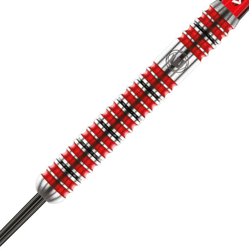 Macro close-up of Diablo 2 Parallel 90% tungsten dart barrel with red ring grip and precision grooves on white background
