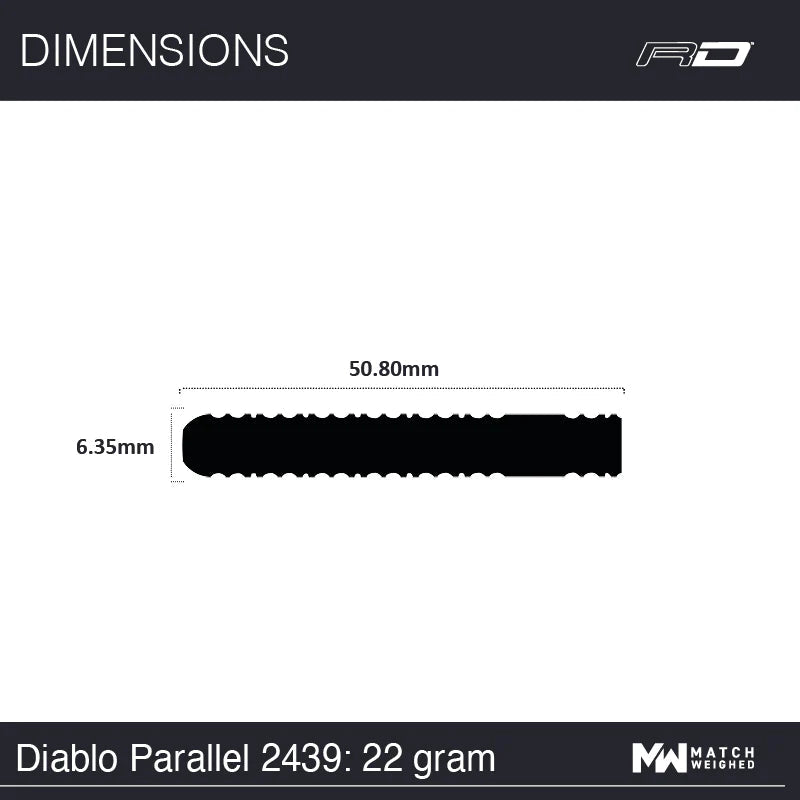 Dart barrel side profile with dimensions 50.80mm length and 6.35mm diameter, technical diagram for tungsten darts
