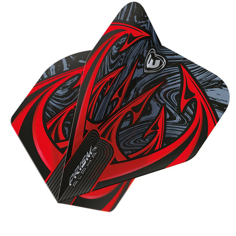Angled close-up of two stacked dart flights with red Diablo pattern and Prism Alpha branding, isolated on white background