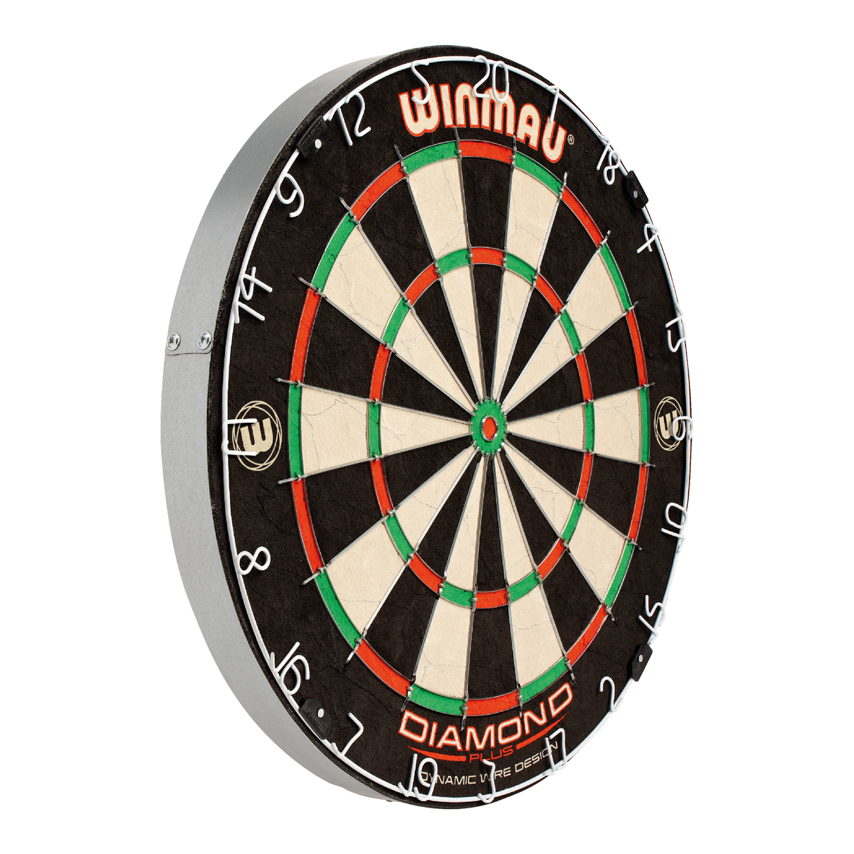 Angled view of Diamond Plus dartboard isolated on white, showing advanced triangular wiring and clear numbering for precision play