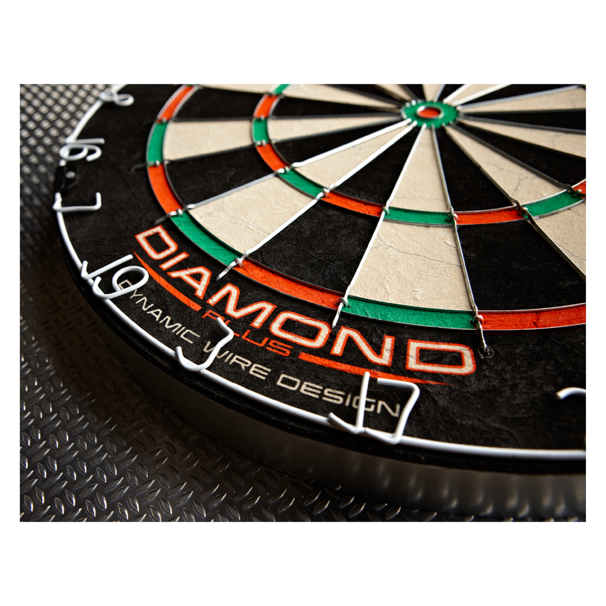Angled close-up of Diamond Plus dartboard showing advanced triangular wiring and double segment detail for darts players
