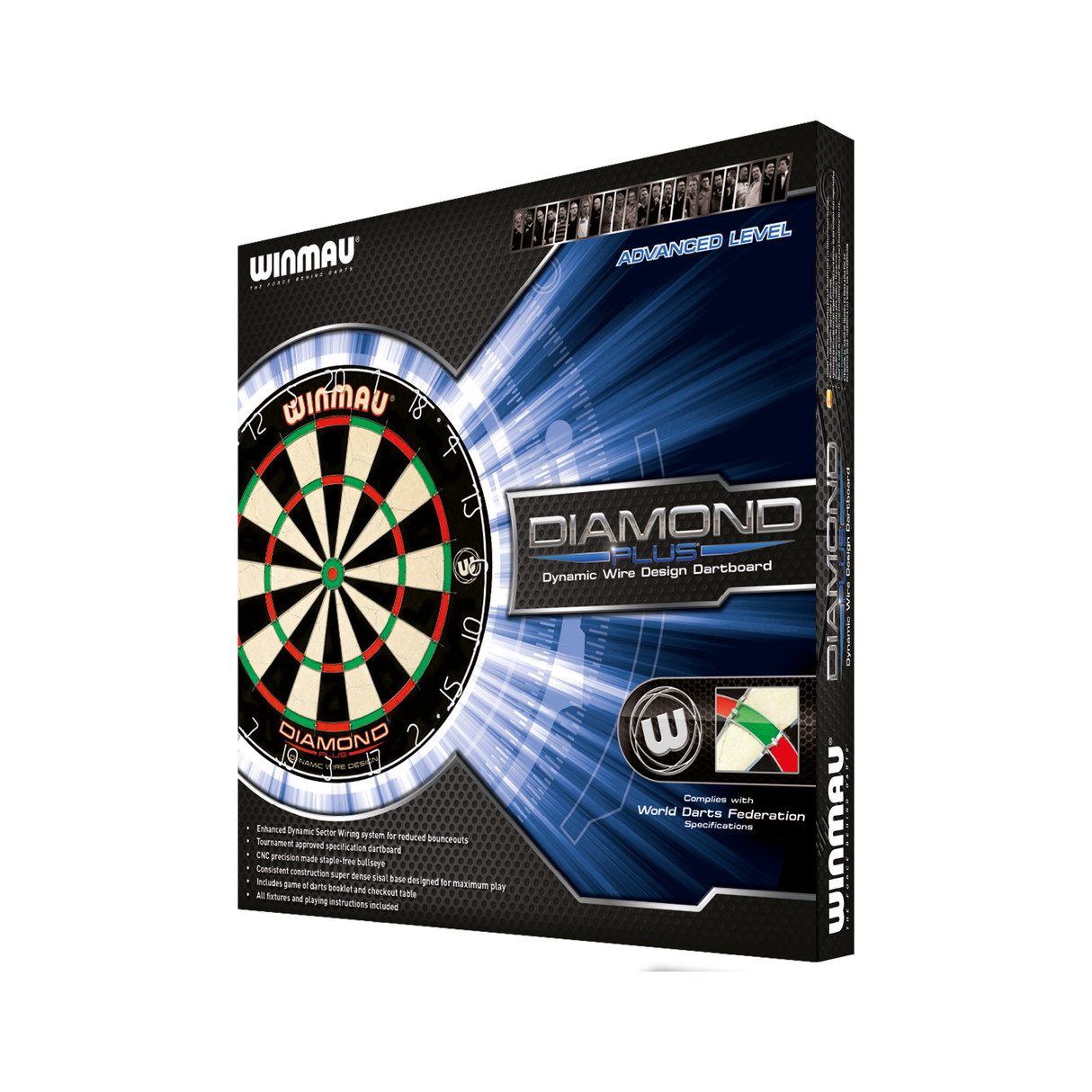 Diamond Plus dartboard in retail packaging, angled view displaying dynamic wiring system and advanced level features