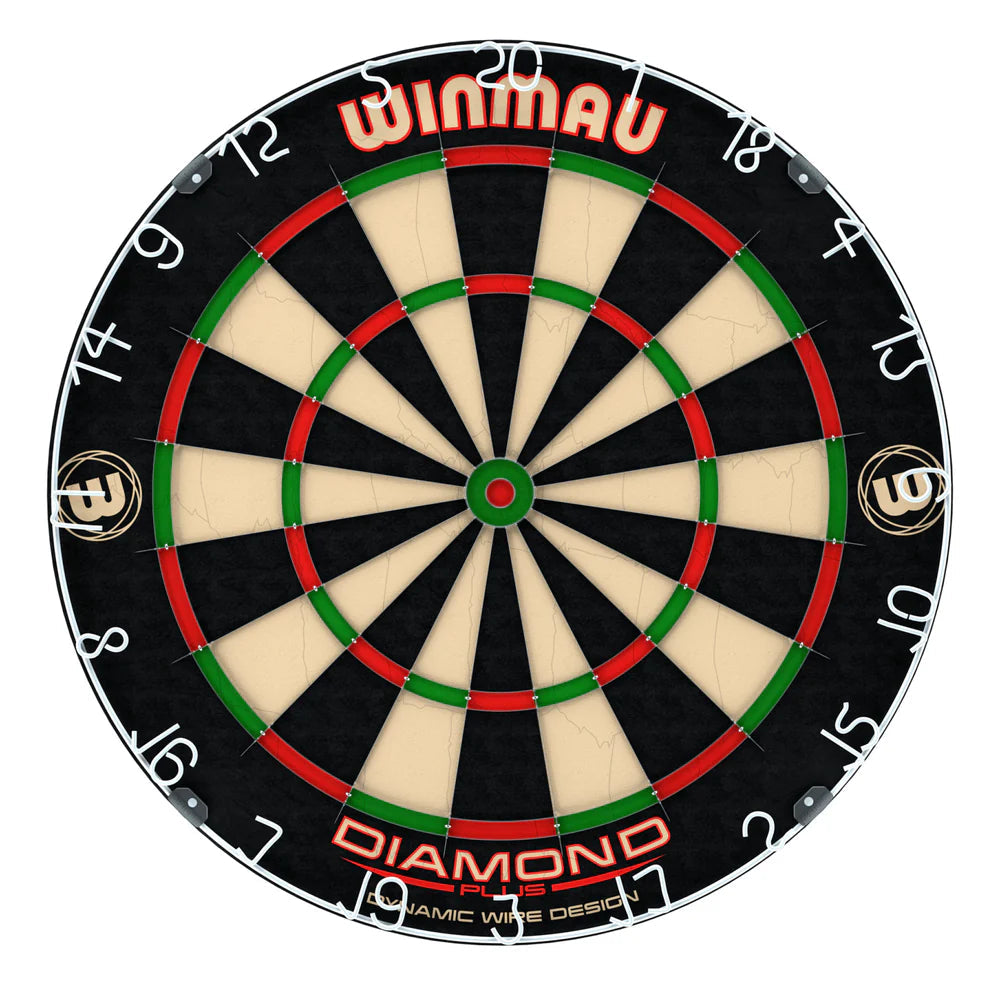 Full top-down view of Diamond Plus dartboard with dynamic wire design, vibrant target zones, and clear number ring on white background