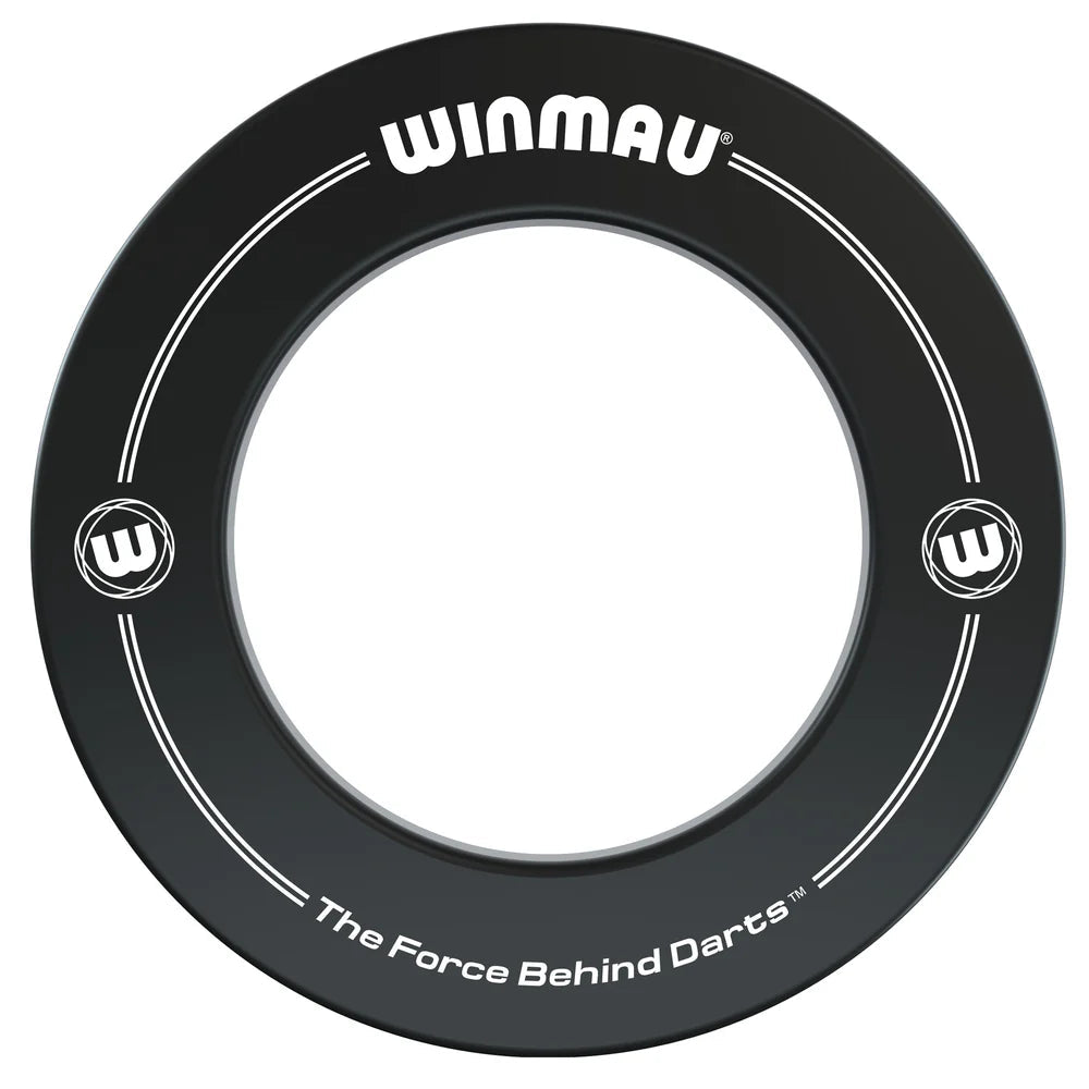 Black dartboard surround ring isolated on white background showing printed graphics and protective foam for dartboard setup