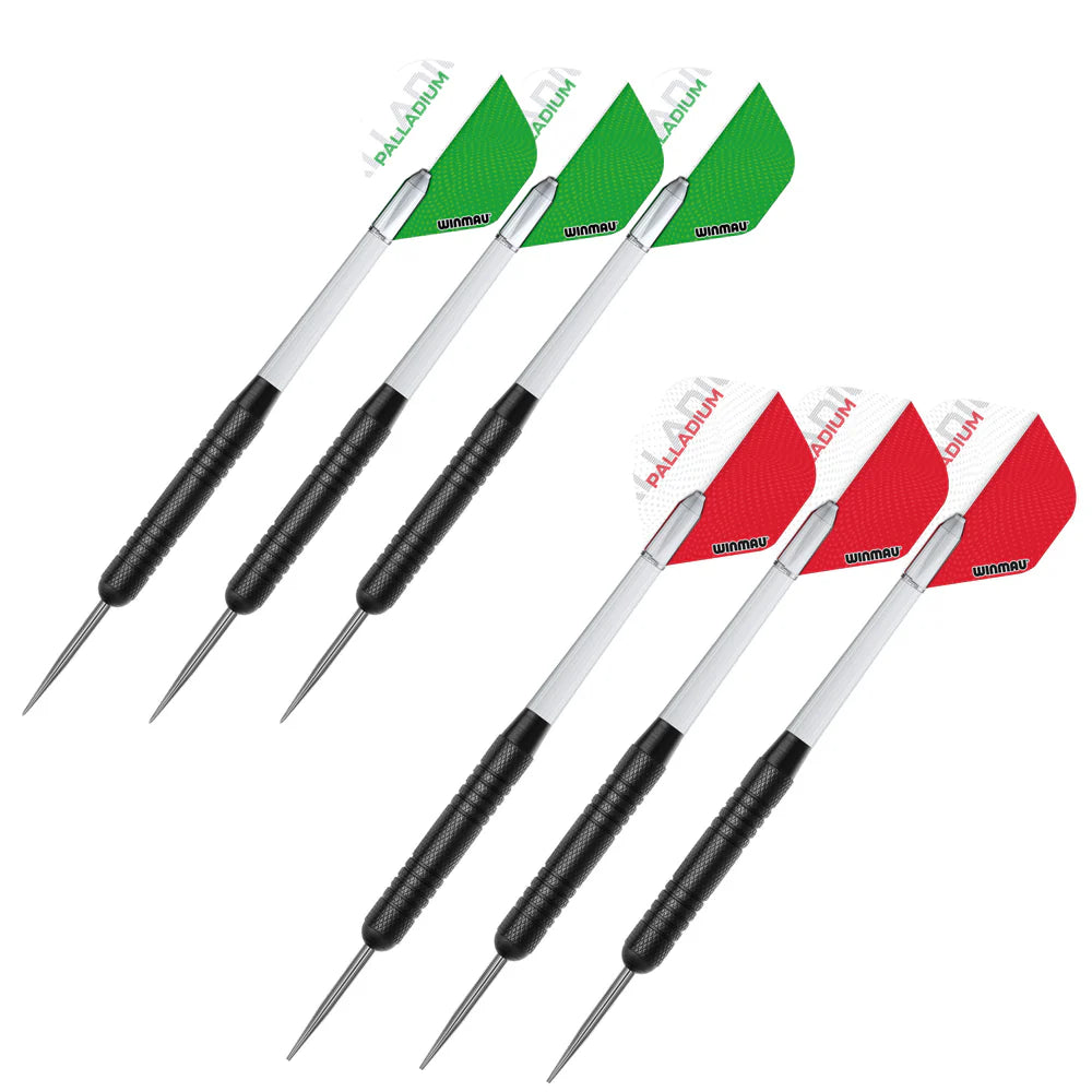 Six steel tip darts with black textured grips and red or green flights arranged on white background, ideal for dartboard setup