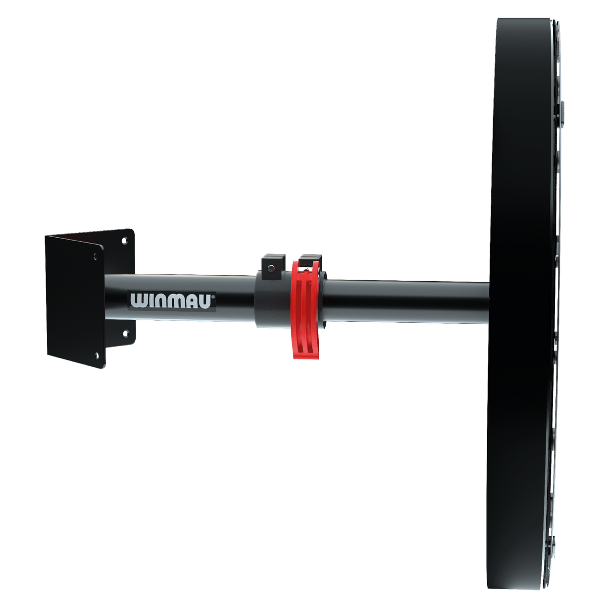 Side view of telescopic dartboard wall bracket with red adjustment collar and black mounting plates, isolated on white background