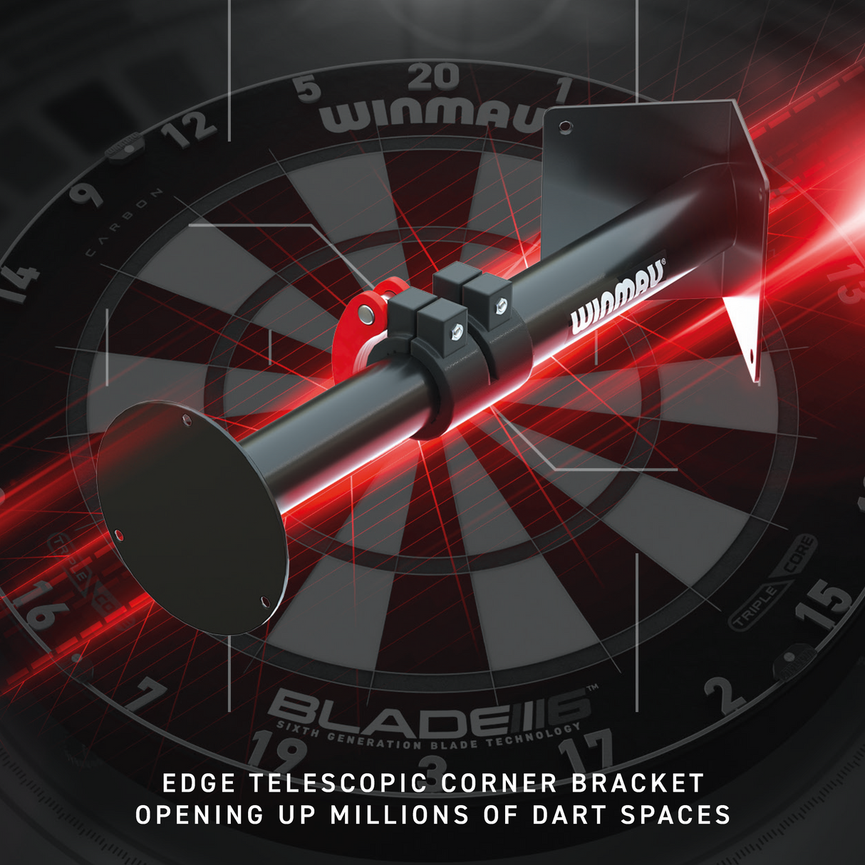Edge telescopic wall corner bracket for dartboard, angled view showing mounting plate and adjustable clamps, isolated over dartboard graphic