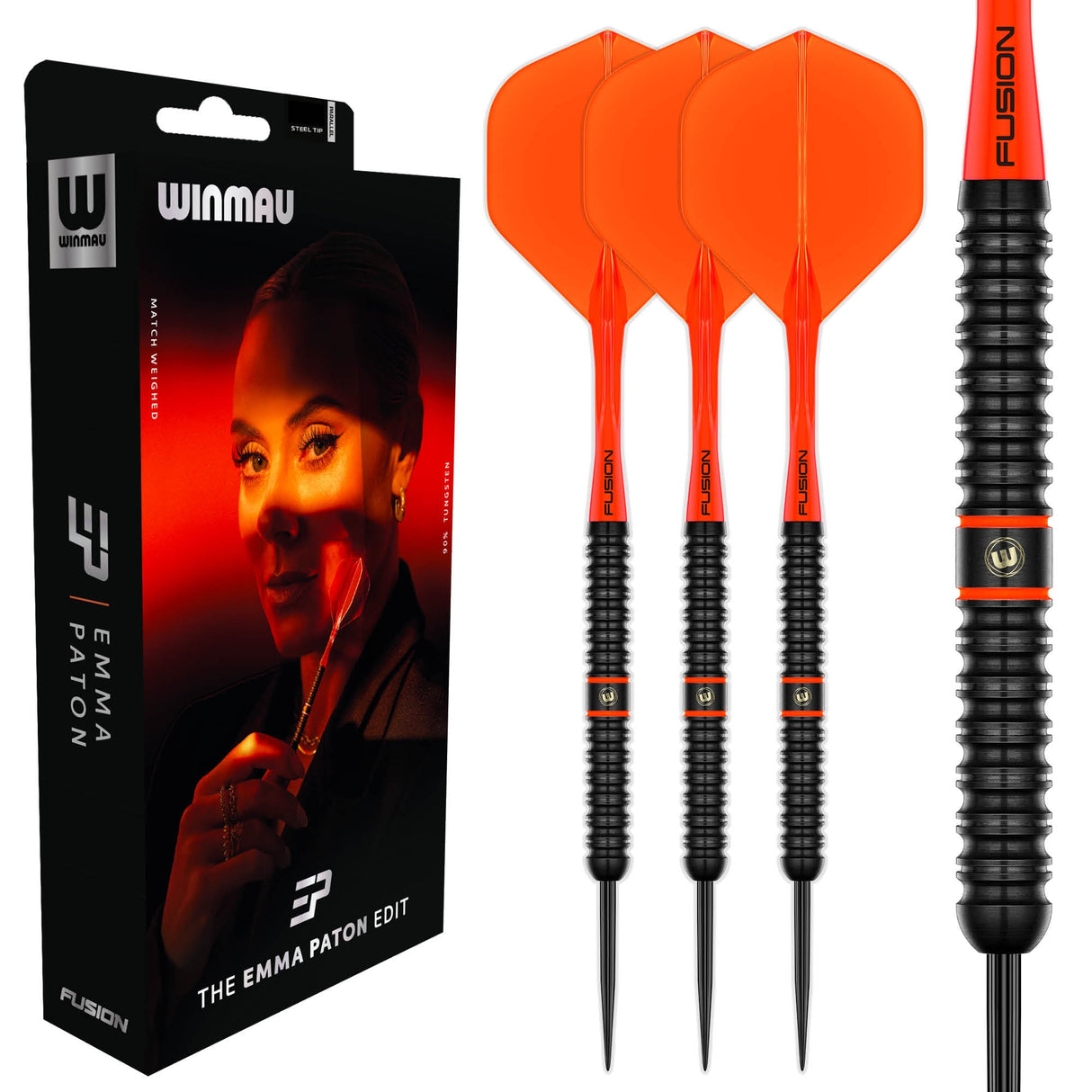Winmau Emma Paton Edit 23g 90% tungsten darts with orange Fusion integrated flights and retail packaging