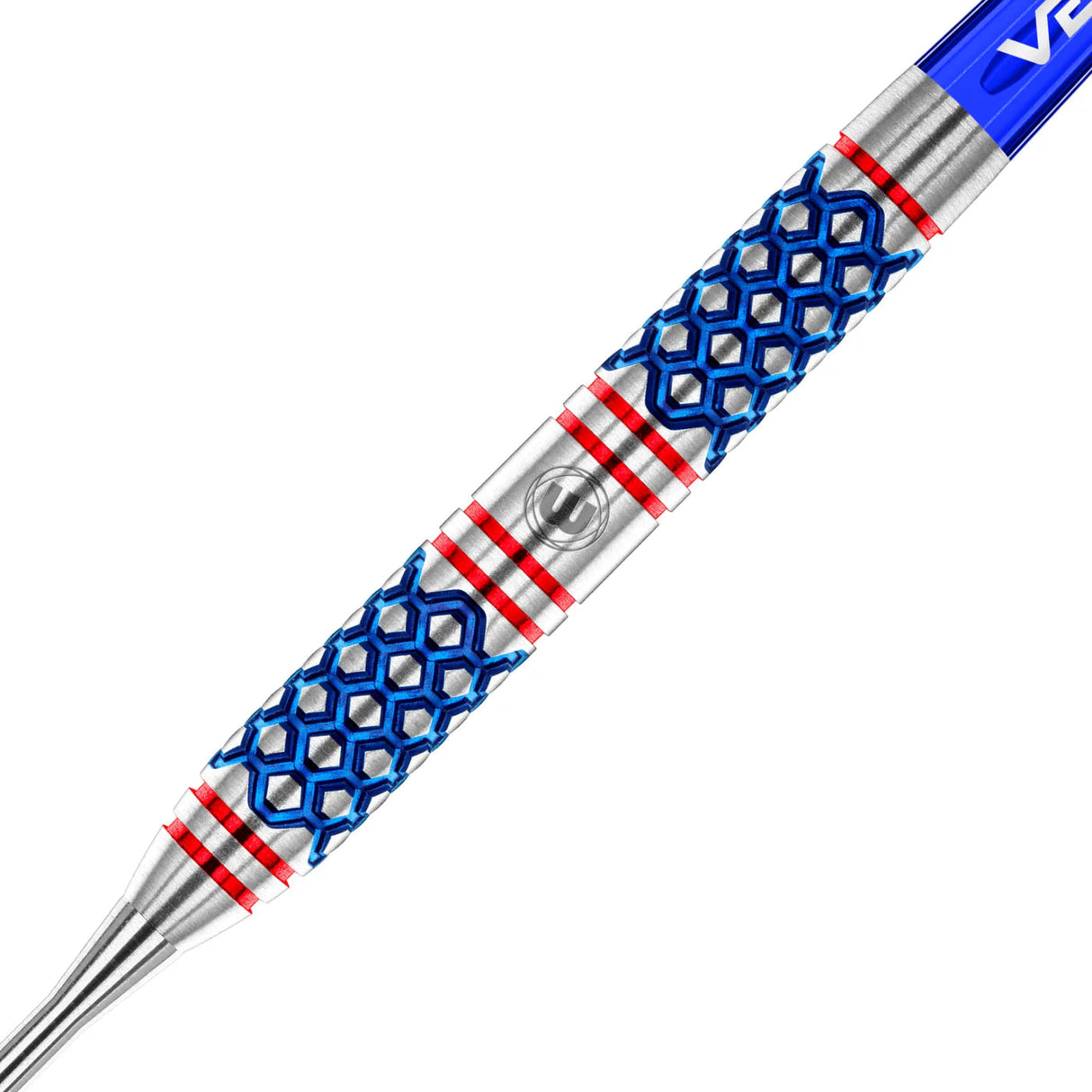 Macro close-up of tungsten dart barrel with blue hexagonal grip pattern and red rings, highlighting textured design for improved control