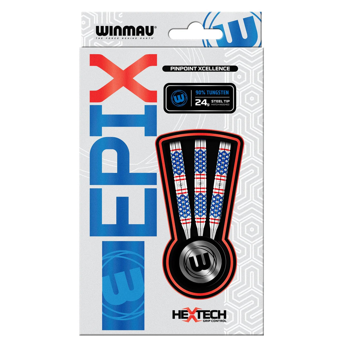 Top-down shot of three 90% tungsten steel tip darts in display packaging, highlighting hexagonal grip texture and vibrant flights