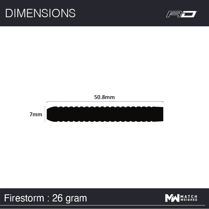 Firestorm 26 gram dart barrel side view with 50.8mm length and 7mm diameter, isolated on white with scale reference
