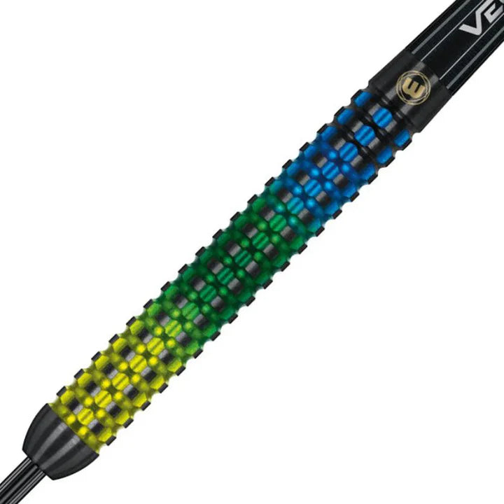 Close-up of tungsten dart barrel showing detailed grip texture with blue, green, and yellow gradient finish on white background