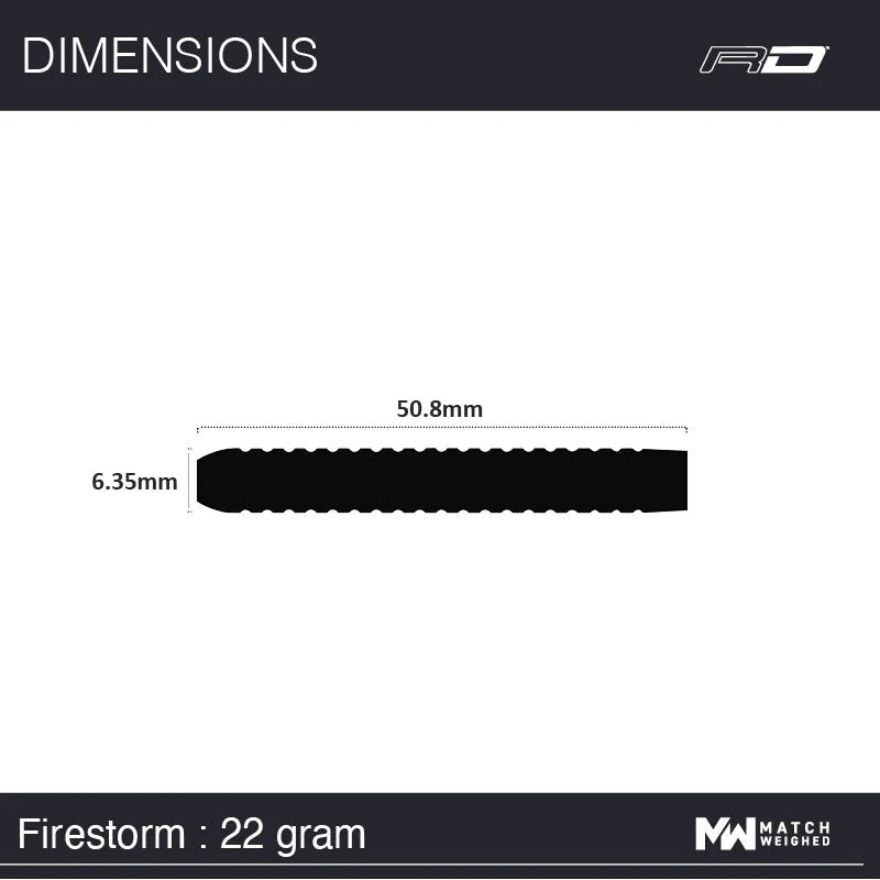 Dart barrel side profile with 50.8mm length and 6.35mm diameter dimensions, isolated for tungsten dart specs