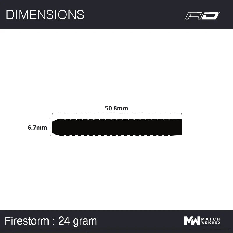 Side profile of Firestorm 24g tungsten dart barrel with dimensions 50.8mm length and 6.7mm diameter on white background
