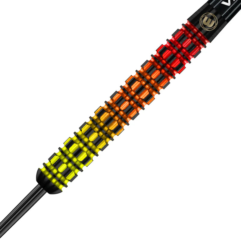 Macro close-up of parallel tungsten dart barrel with detailed grip rings and flame gradient for enhanced dart grip and control
