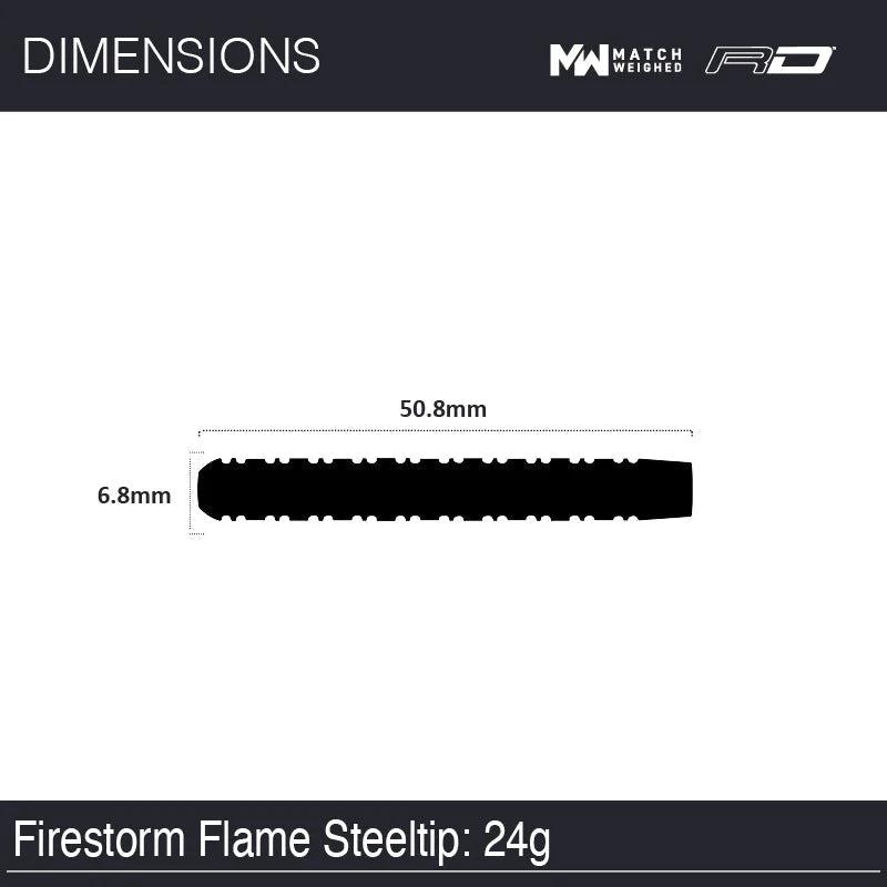 Top-down dart barrel silhouette with 50.8mm length and 6.8mm diameter, steel tip, ideal for tungsten darts buyers seeking dimensions