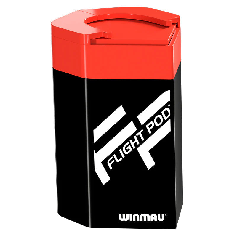 Angled view of a single dart flight pod with red spring-loaded lid and bold logo, ideal dart storage accessory, isolated on white background