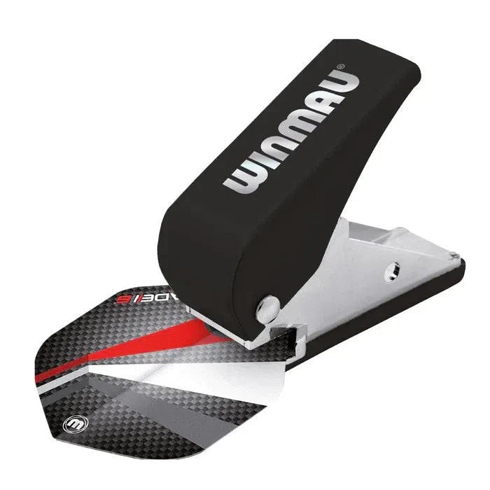 Dart flight punch tool punching a flight, angled view highlighting grip handle and slot for flight customization