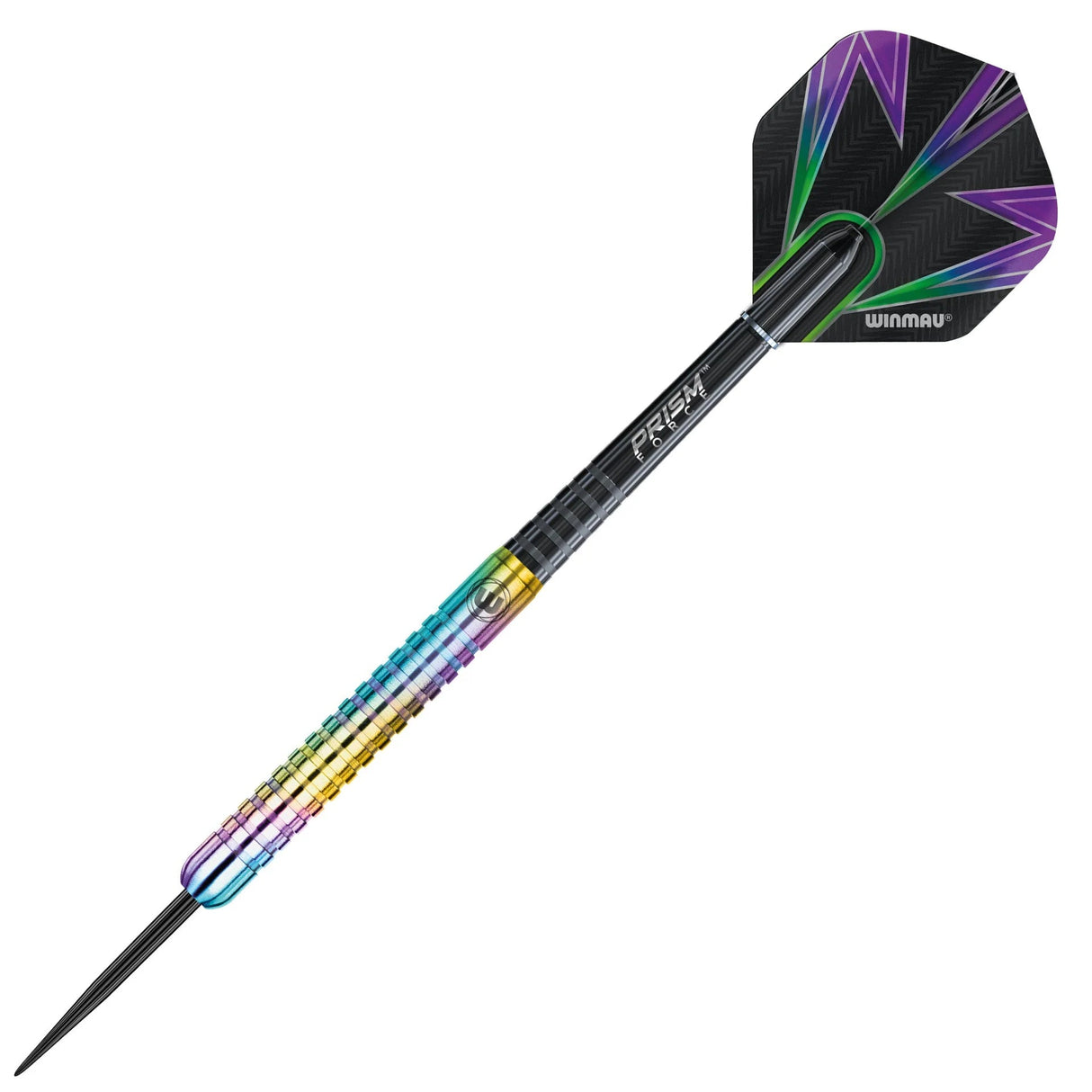 Full view tungsten dart with rainbow grooved barrel, black tip, Prism Force shaft, and purple-green geometric flight on white background