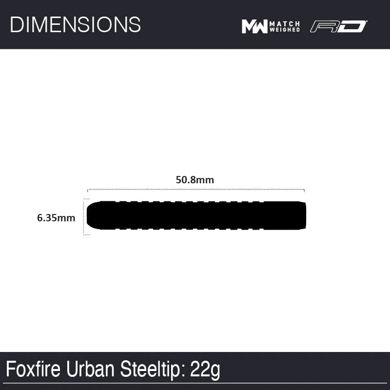 Foxtire Urban dart barrel dimensions displayed top-down with scale, showing 50.8mm length and 6.35mm diameter for 22g steel tip