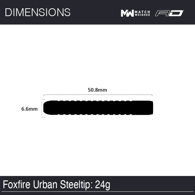 Foxfire Urban 24g steeltip dart barrel top-down view with dimensions 50.8mm long and 6.6mm wide for precise sizing