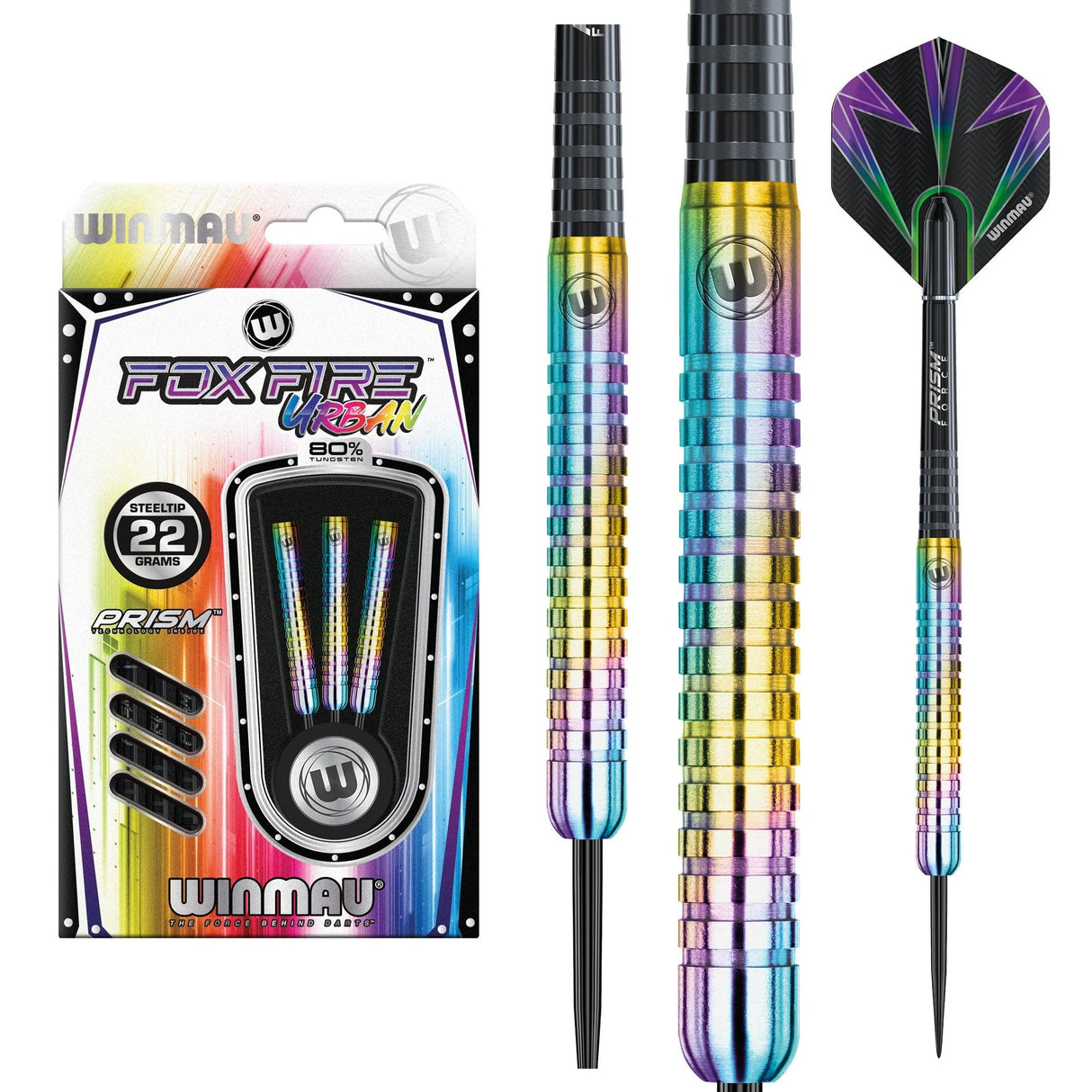 Foil rainbow tungsten steel tip darts with knurled grip, close-up of barrel, full assembled dart, and retail packaging on white background