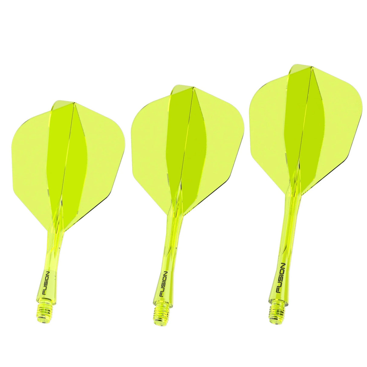 Three yellow Fusion No.6 dart flights with shafts displayed side by side on white background highlighting integrated design