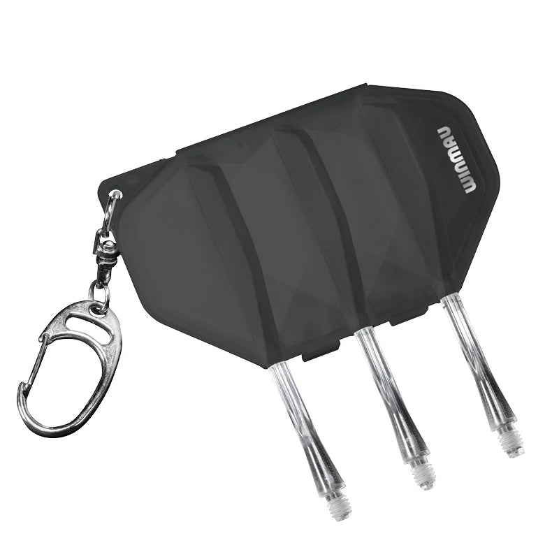Black moulded flight and shaft case for darts with metal carabiner, full product view on white background showing dart shaft storage feature