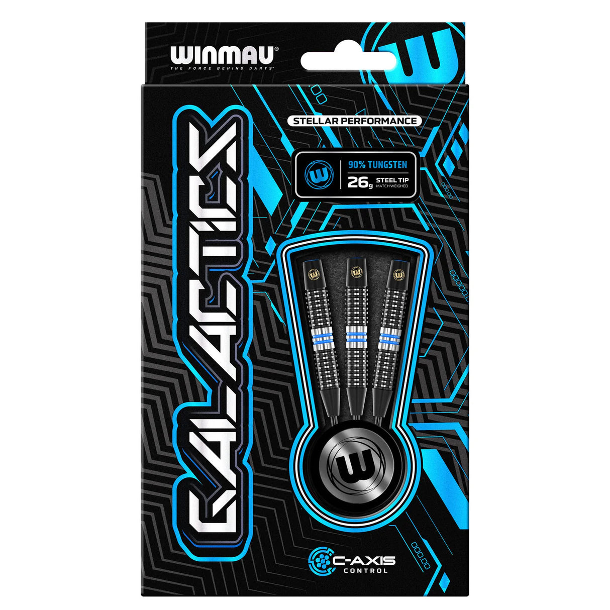 Boxed set of three steel tip 90% tungsten darts in retail packaging, showing barrel grip, weight, and design for dart players.