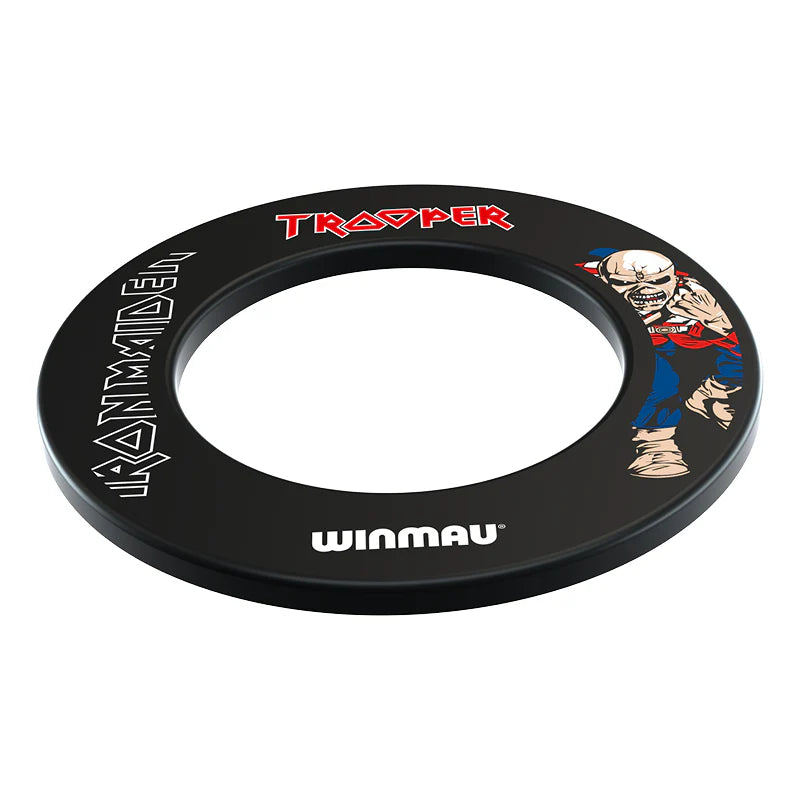 Angled view of Iron Maiden Trooper dartboard surround ring with bold graphics and logo, isolated on white background for darts setup.