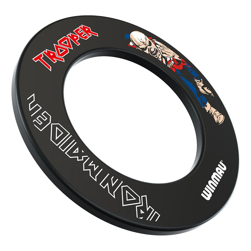Angled full view of Iron Maiden Trooper dartboard surround ring with bold artwork and logo, isolated on white background