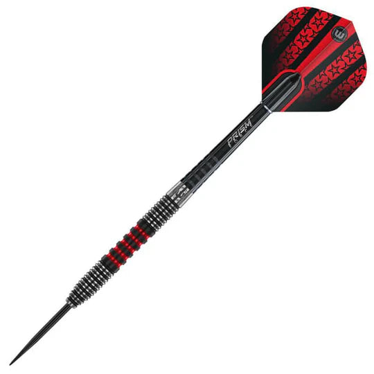 Single tungsten dart full view on white background showing precision grip rings, black and red barrel, and patterned flight