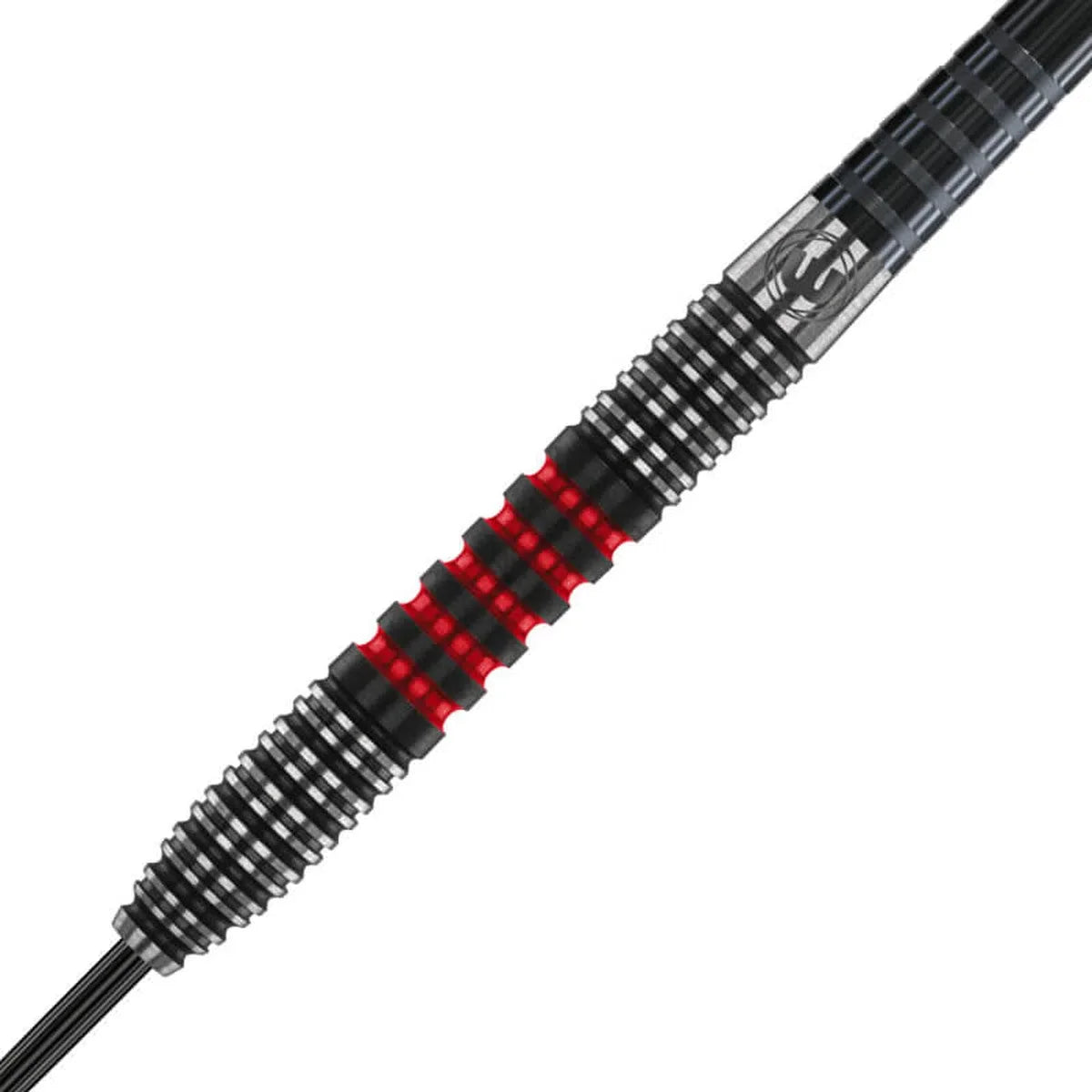 Macro close-up of tungsten dart barrel showing precision grip rings and red accents, ideal for players seeking advanced grip design