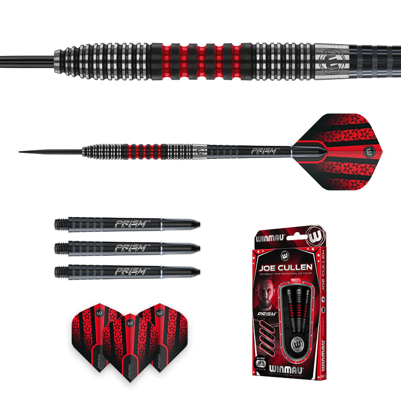 Full set of Joe Cullen 90% tungsten darts, close-up grip rings, flights, shafts, retail packaging on white background